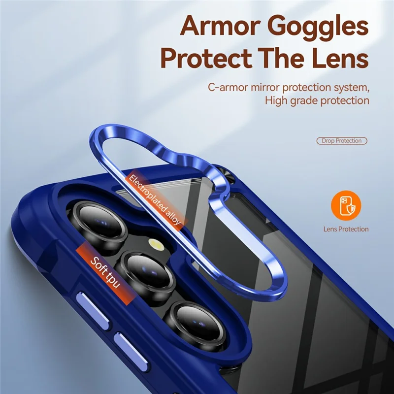 For Samsung Galaxy S25 FE Case Anti-Drop Alloy Lens Frame PC + TPU Phone Cover - Blue
