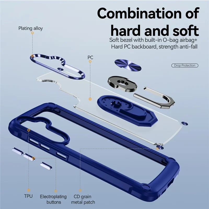 For Samsung Galaxy S25 FE Case Alloy Lens Frame PC + TPU Kickstand Phone Back Cover - Blue