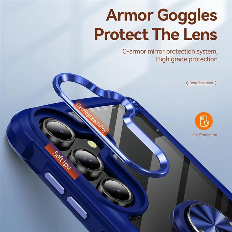 For Samsung Galaxy S25 FE Case Alloy Lens Frame PC + TPU Kickstand Phone Back Cover - Blue