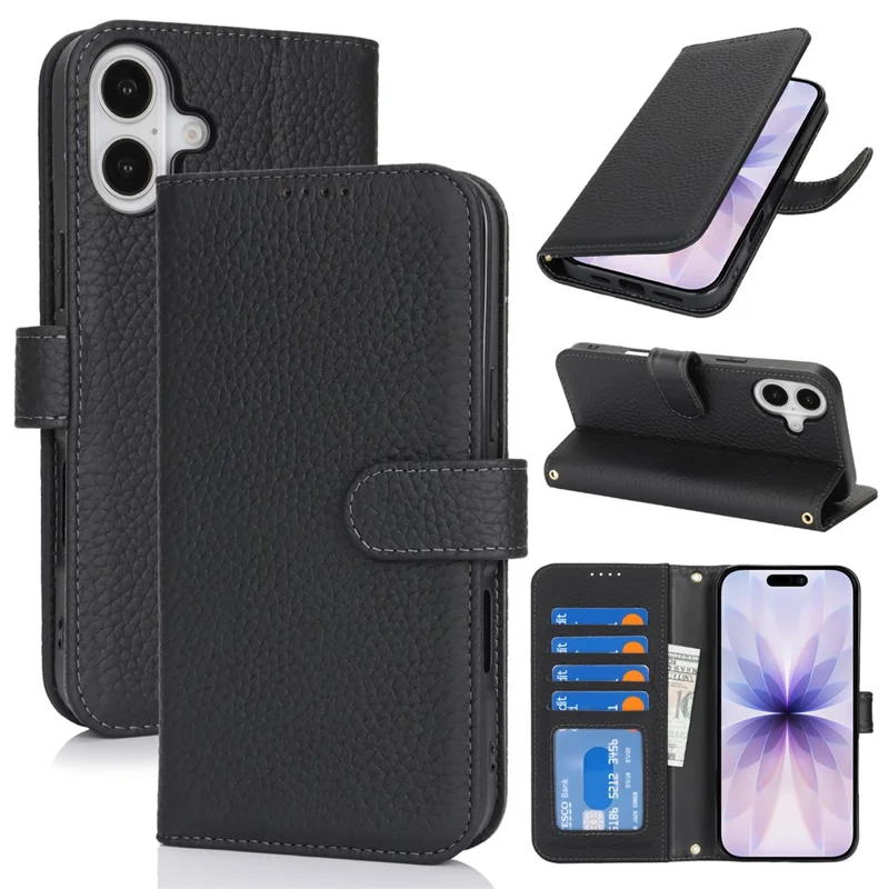 For iPhone 17 Stand Case Litchi Texture Genuine Cow Leather Wallet Phone Cover RFID Blocking - Black