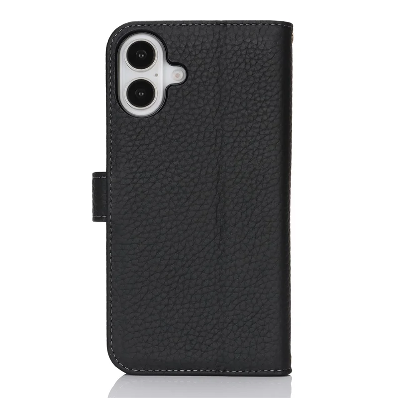 For iPhone 17 Stand Case Litchi Texture Genuine Cow Leather Wallet Phone Cover RFID Blocking - Black