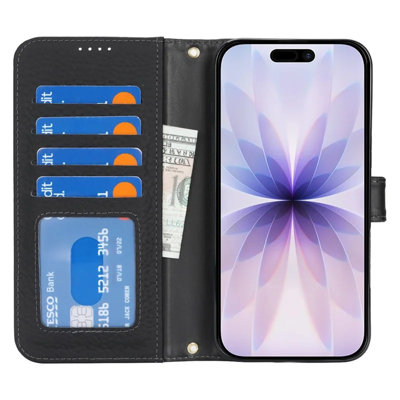 For iPhone 17 Stand Case Litchi Texture Genuine Cow Leather Wallet Phone Cover RFID Blocking - Black