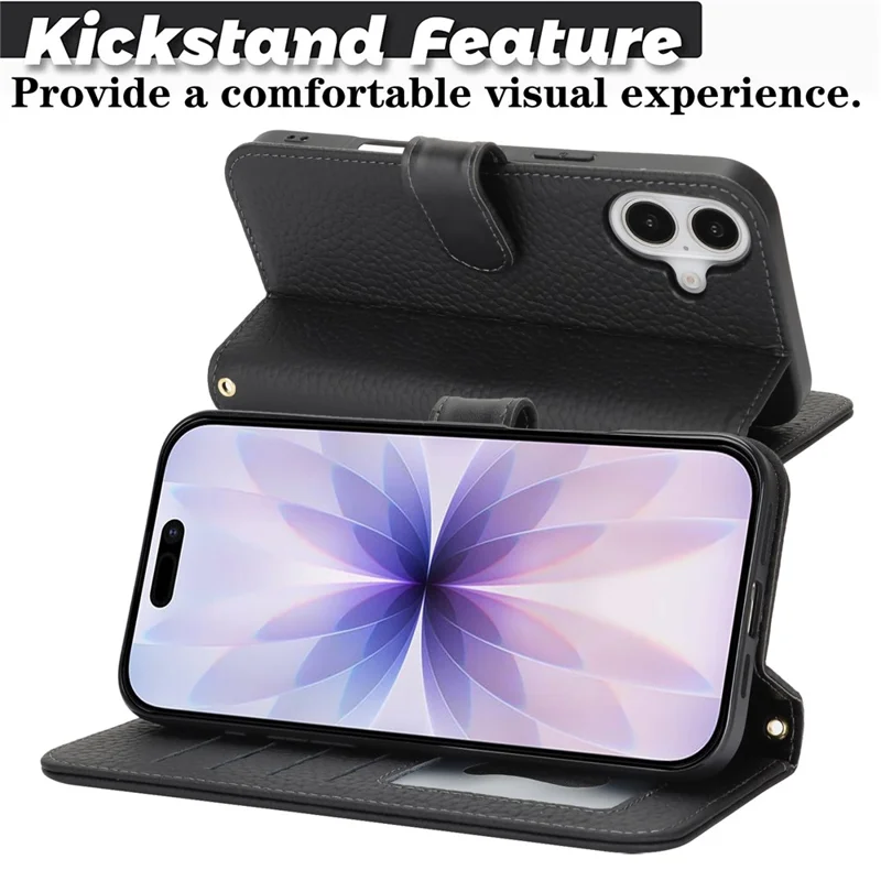 For iPhone 17 Stand Case Litchi Texture Genuine Cow Leather Wallet Phone Cover RFID Blocking - Black
