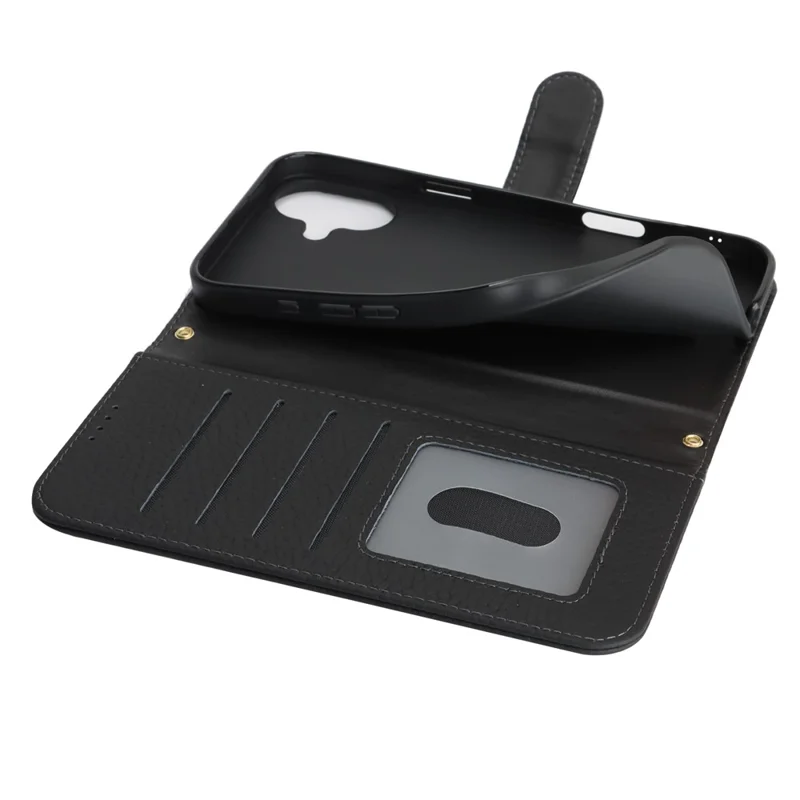 For iPhone 17 Stand Case Litchi Texture Genuine Cow Leather Wallet Phone Cover RFID Blocking - Black