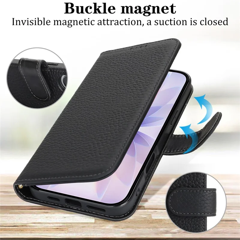 For iPhone 17 Stand Case Litchi Texture Genuine Cow Leather Wallet Phone Cover RFID Blocking - Black