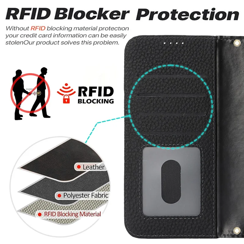 For iPhone 17 Stand Case Litchi Texture Genuine Cow Leather Wallet Phone Cover RFID Blocking - Black