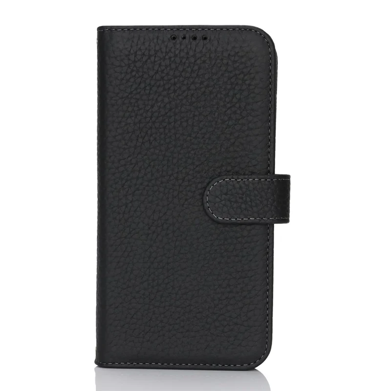 For iPhone 17 Stand Case Litchi Texture Genuine Cow Leather Wallet Phone Cover RFID Blocking - Black