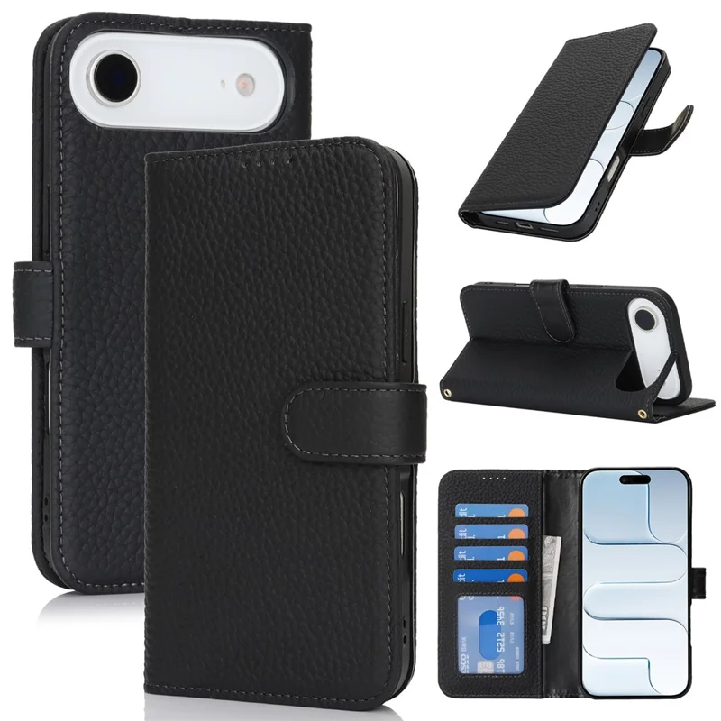 For iPhone Air Stand Case Litchi Texture Genuine Cow Leather Wallet Phone Cover RFID Blocking - Black
