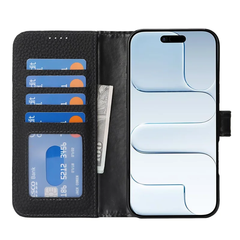 For iPhone Air Stand Case Litchi Texture Genuine Cow Leather Wallet Phone Cover RFID Blocking - Black