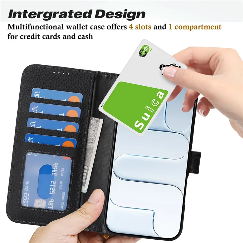 For iPhone Air Stand Case Litchi Texture Genuine Cow Leather Wallet Phone Cover RFID Blocking - Black