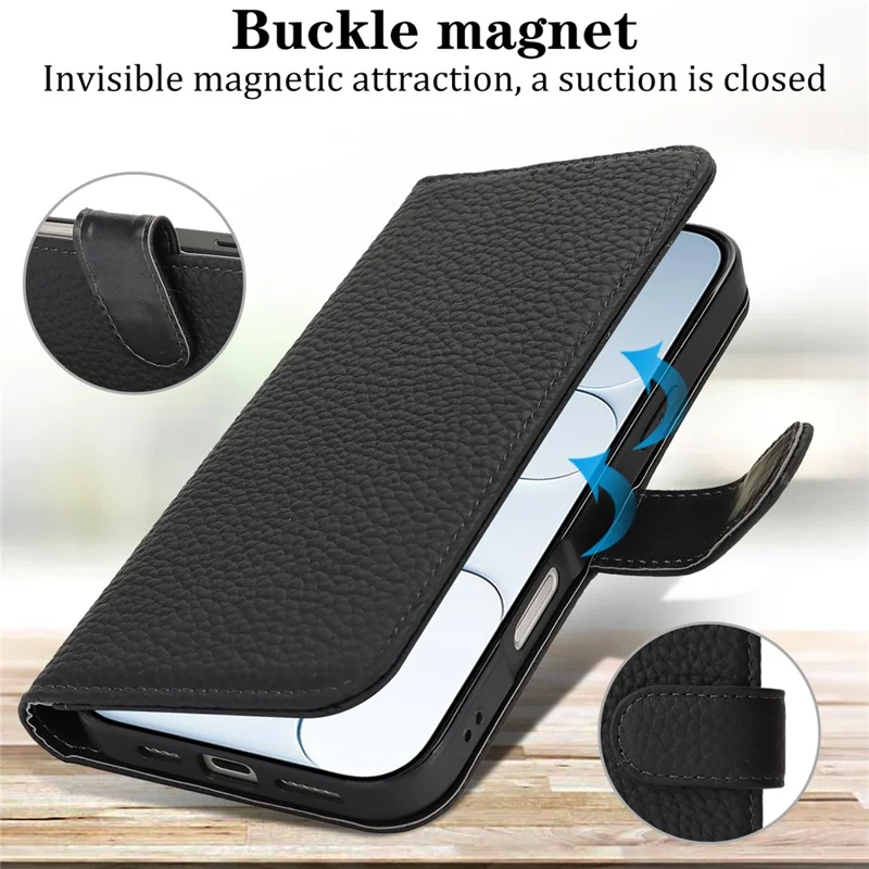 For iPhone Air Stand Case Litchi Texture Genuine Cow Leather Wallet Phone Cover RFID Blocking - Black