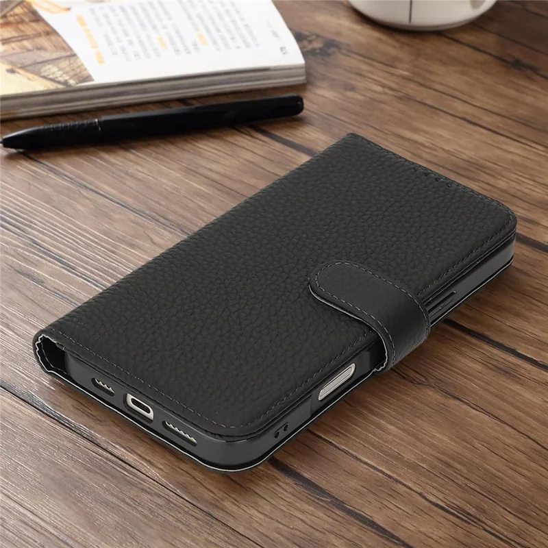 For iPhone Air Stand Case Litchi Texture Genuine Cow Leather Wallet Phone Cover RFID Blocking - Black