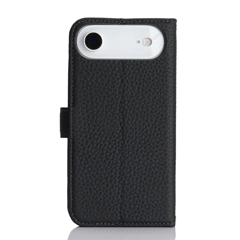 For iPhone Air Stand Case Litchi Texture Genuine Cow Leather Wallet Phone Cover RFID Blocking - Black