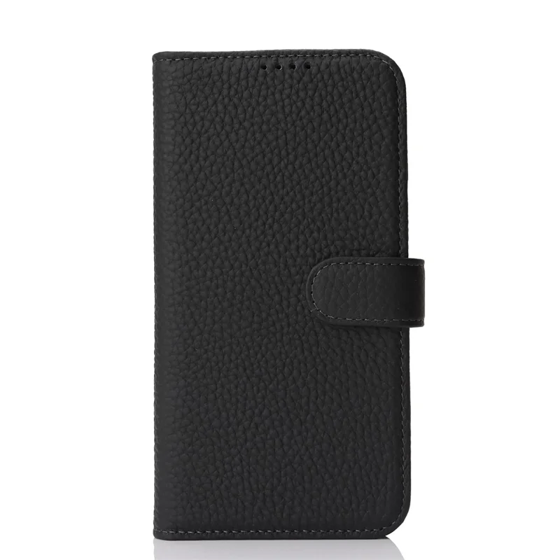 For iPhone Air Stand Case Litchi Texture Genuine Cow Leather Wallet Phone Cover RFID Blocking - Black