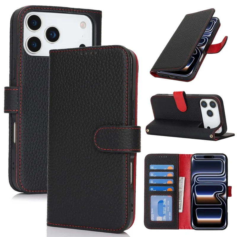 For iPhone 17 Pro Stand Case Litchi Texture Genuine Cow Leather Wallet Phone Cover RFID Blocking - Black  /  Red