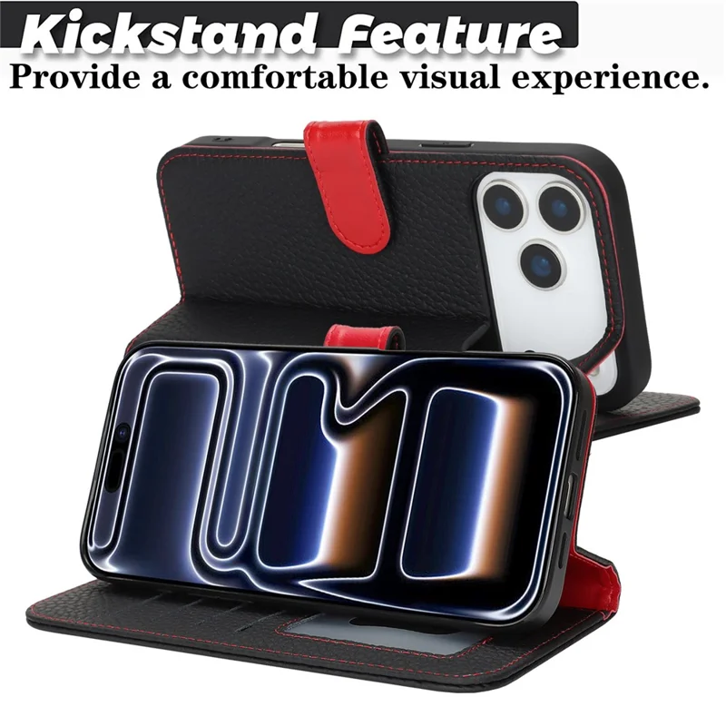 For iPhone 17 Pro Stand Case Litchi Texture Genuine Cow Leather Wallet Phone Cover RFID Blocking - Black  /  Red