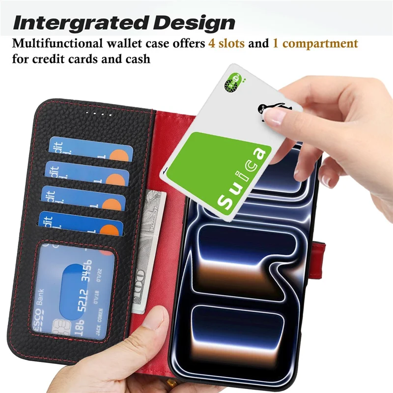 For iPhone 17 Pro Stand Case Litchi Texture Genuine Cow Leather Wallet Phone Cover RFID Blocking - Black  /  Red