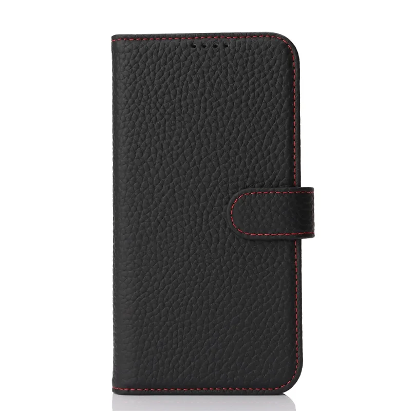 For iPhone 17 Pro Stand Case Litchi Texture Genuine Cow Leather Wallet Phone Cover RFID Blocking - Black  /  Red