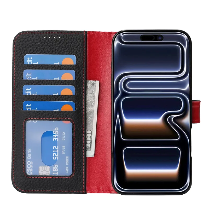 For iPhone 17 Pro Max Stand Case Litchi Texture Genuine Cow Leather Wallet Phone Cover RFID Blocking - Black  /  Red