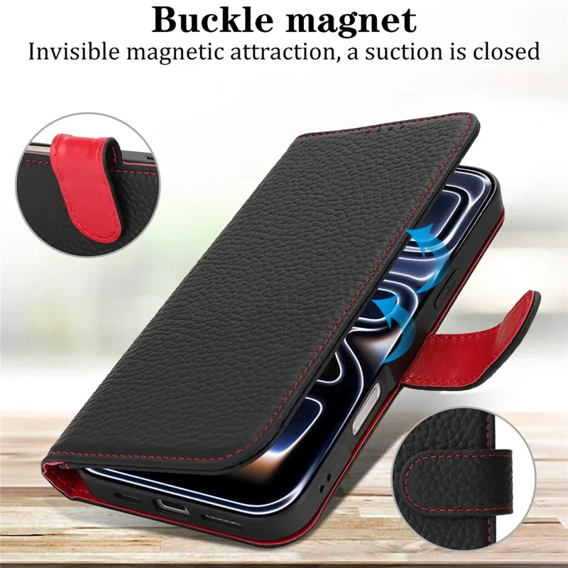 For iPhone 17 Pro Max Stand Case Litchi Texture Genuine Cow Leather Wallet Phone Cover RFID Blocking - Black  /  Red