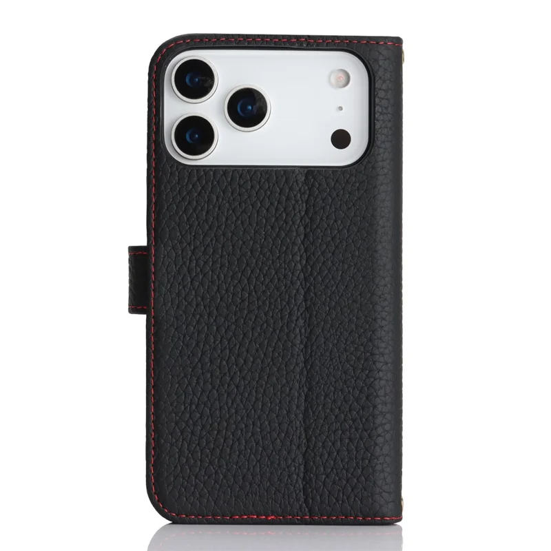 For iPhone 17 Pro Max Stand Case Litchi Texture Genuine Cow Leather Wallet Phone Cover RFID Blocking - Black  /  Red
