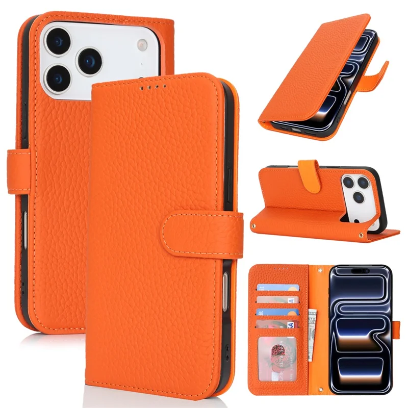 For iPhone 17 Pro Max Stand Case Litchi Texture Genuine Cow Leather Wallet Phone Cover RFID Blocking - Orange