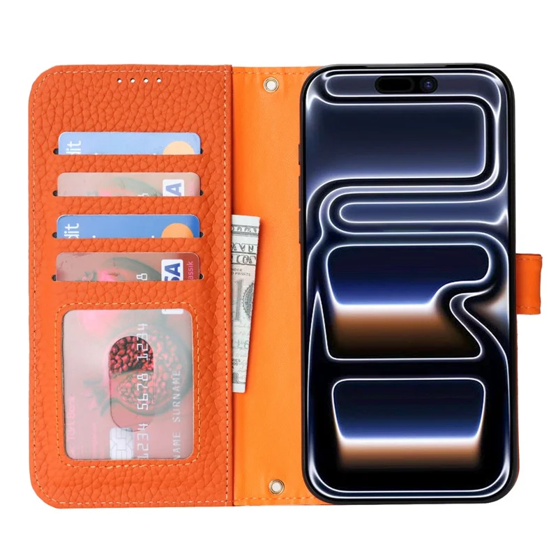 For iPhone 17 Pro Max Stand Case Litchi Texture Genuine Cow Leather Wallet Phone Cover RFID Blocking - Orange