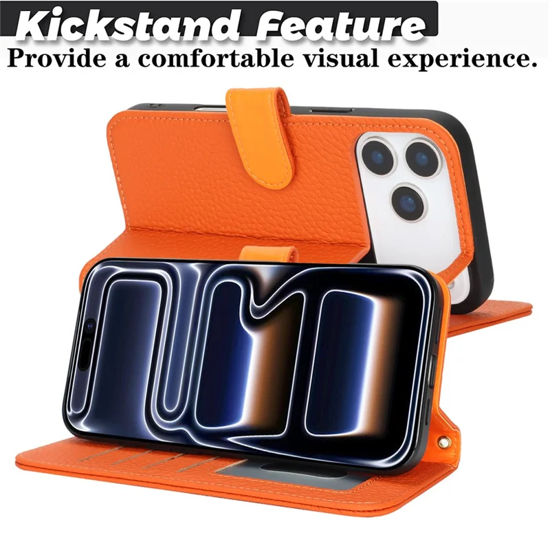 For iPhone 17 Pro Max Stand Case Litchi Texture Genuine Cow Leather Wallet Phone Cover RFID Blocking - Orange