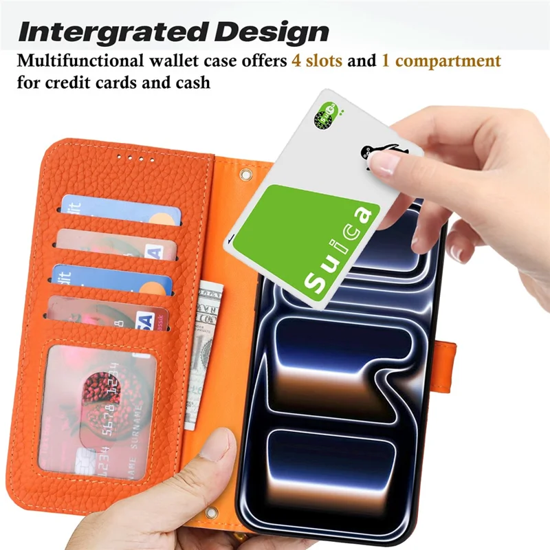 For iPhone 17 Pro Max Stand Case Litchi Texture Genuine Cow Leather Wallet Phone Cover RFID Blocking - Orange