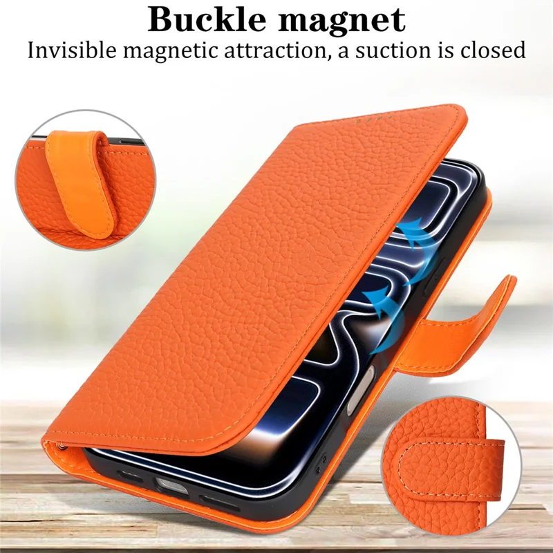 For iPhone 17 Pro Max Stand Case Litchi Texture Genuine Cow Leather Wallet Phone Cover RFID Blocking - Orange