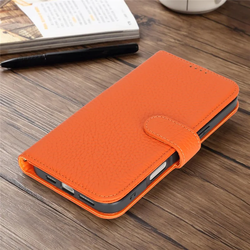 For iPhone 17 Pro Max Stand Case Litchi Texture Genuine Cow Leather Wallet Phone Cover RFID Blocking - Orange