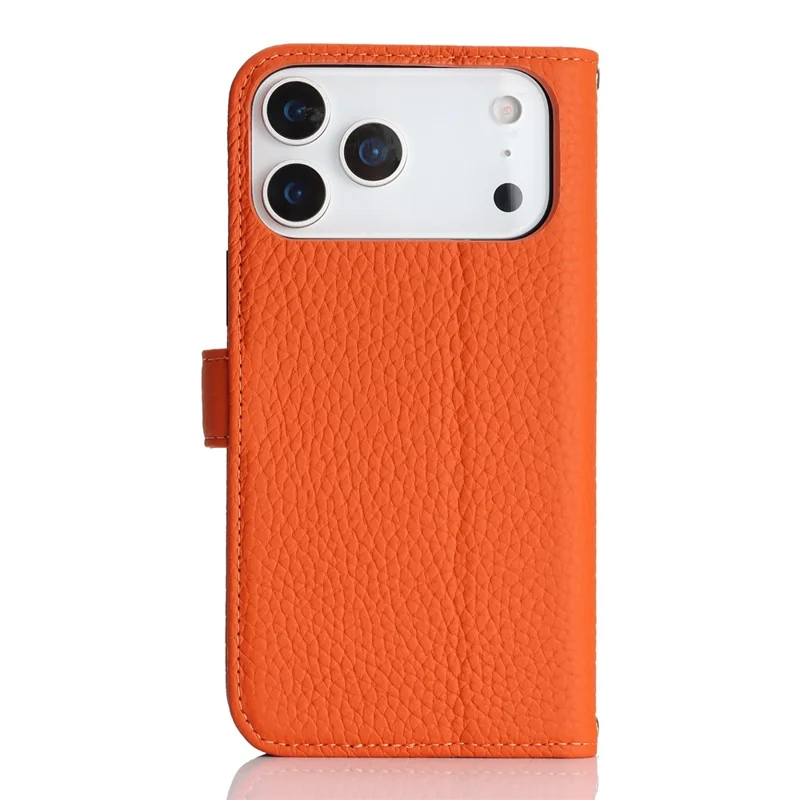 For iPhone 17 Pro Max Stand Case Litchi Texture Genuine Cow Leather Wallet Phone Cover RFID Blocking - Orange