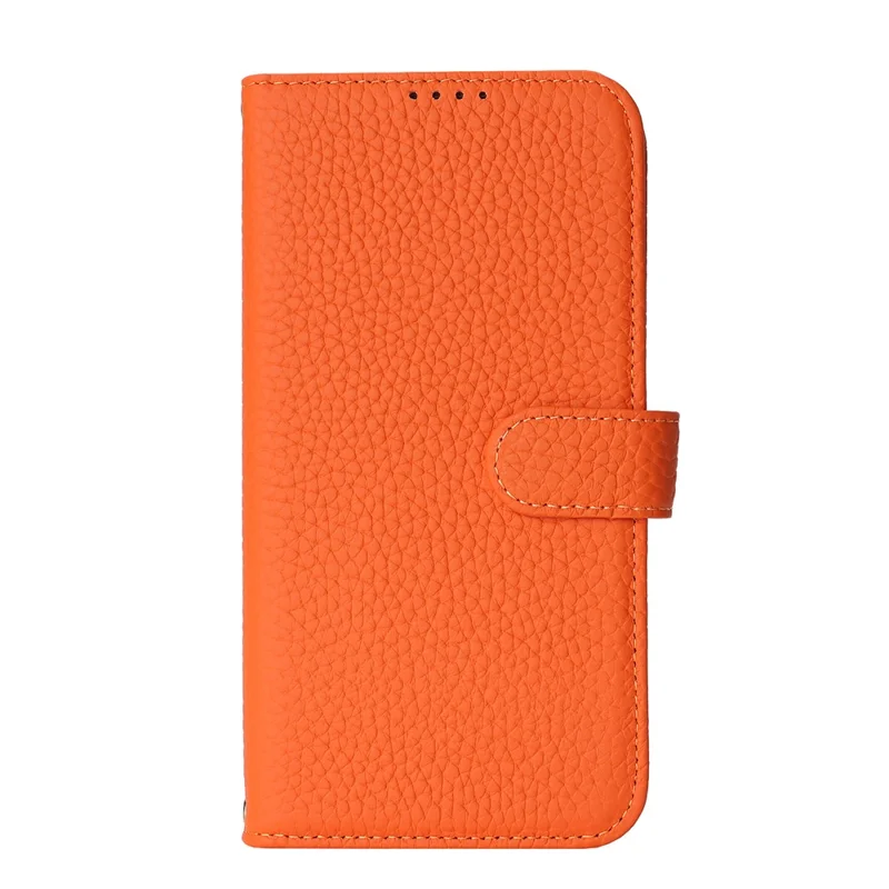 For iPhone 17 Pro Max Stand Case Litchi Texture Genuine Cow Leather Wallet Phone Cover RFID Blocking - Orange