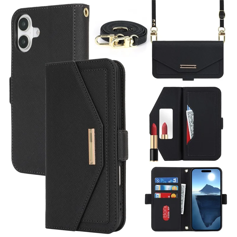 For iPhone 17 Stand Case Cross Texture PU Leather Wallet Phone Cover with Shoulder Strap  /  Makeup Mirror - Black