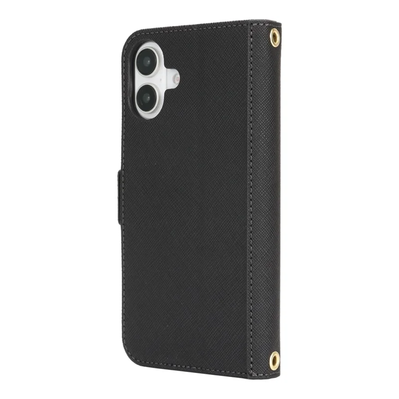 For iPhone 17 Stand Case Cross Texture PU Leather Wallet Phone Cover with Shoulder Strap  /  Makeup Mirror - Black