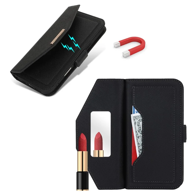 For iPhone 17 Stand Case Cross Texture PU Leather Wallet Phone Cover with Shoulder Strap  /  Makeup Mirror - Black