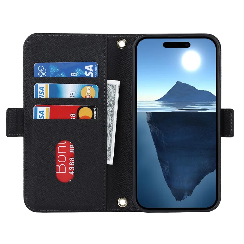 For iPhone 17 Stand Case Cross Texture PU Leather Wallet Phone Cover with Shoulder Strap  /  Makeup Mirror - Black