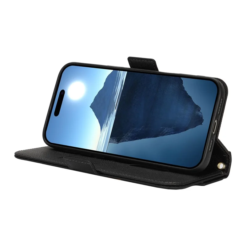 For iPhone 17 Stand Case Cross Texture PU Leather Wallet Phone Cover with Shoulder Strap  /  Makeup Mirror - Black