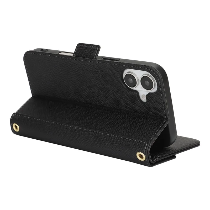 For iPhone 17 Stand Case Cross Texture PU Leather Wallet Phone Cover with Shoulder Strap  /  Makeup Mirror - Black