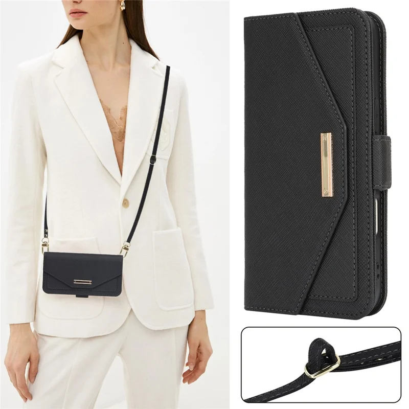 For iPhone 17 Stand Case Cross Texture PU Leather Wallet Phone Cover with Shoulder Strap  /  Makeup Mirror - Black