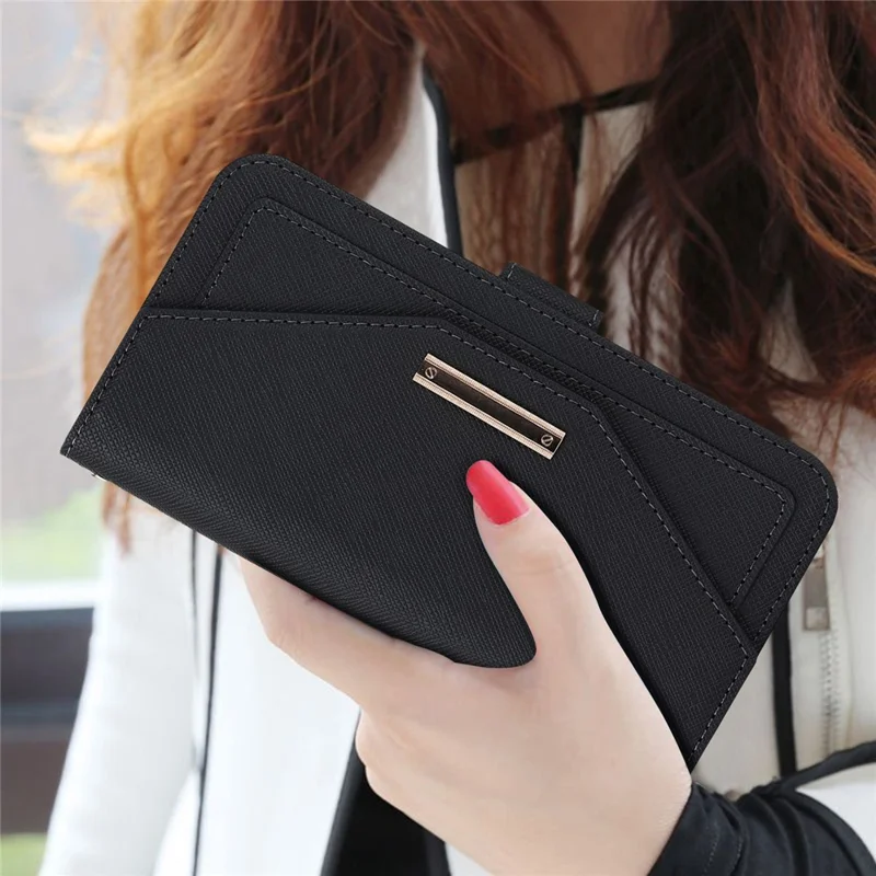 For iPhone 17 Stand Case Cross Texture PU Leather Wallet Phone Cover with Shoulder Strap  /  Makeup Mirror - Black
