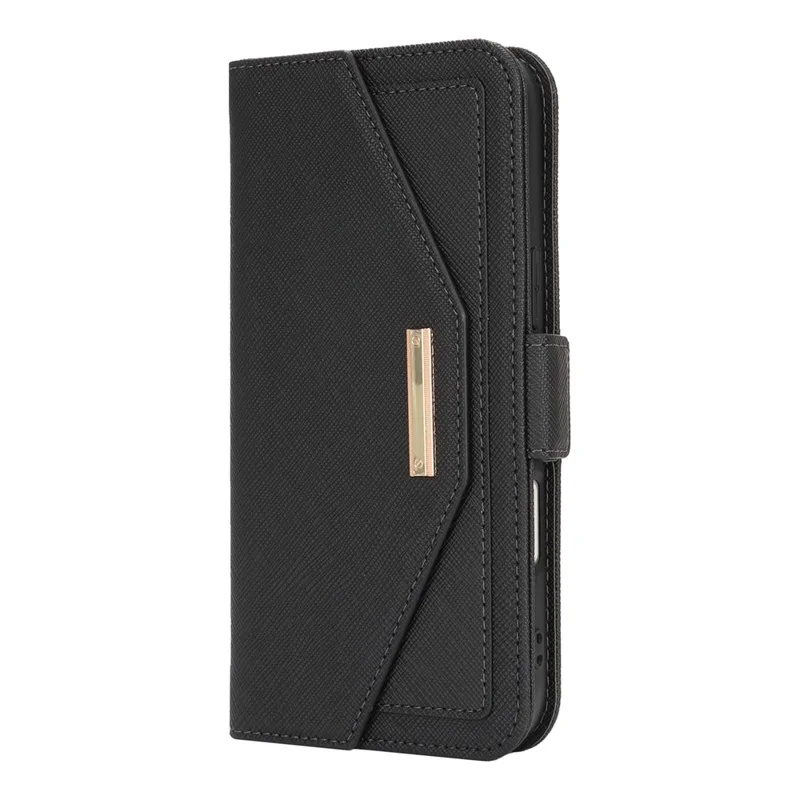 For iPhone 17 Stand Case Cross Texture PU Leather Wallet Phone Cover with Shoulder Strap  /  Makeup Mirror - Black