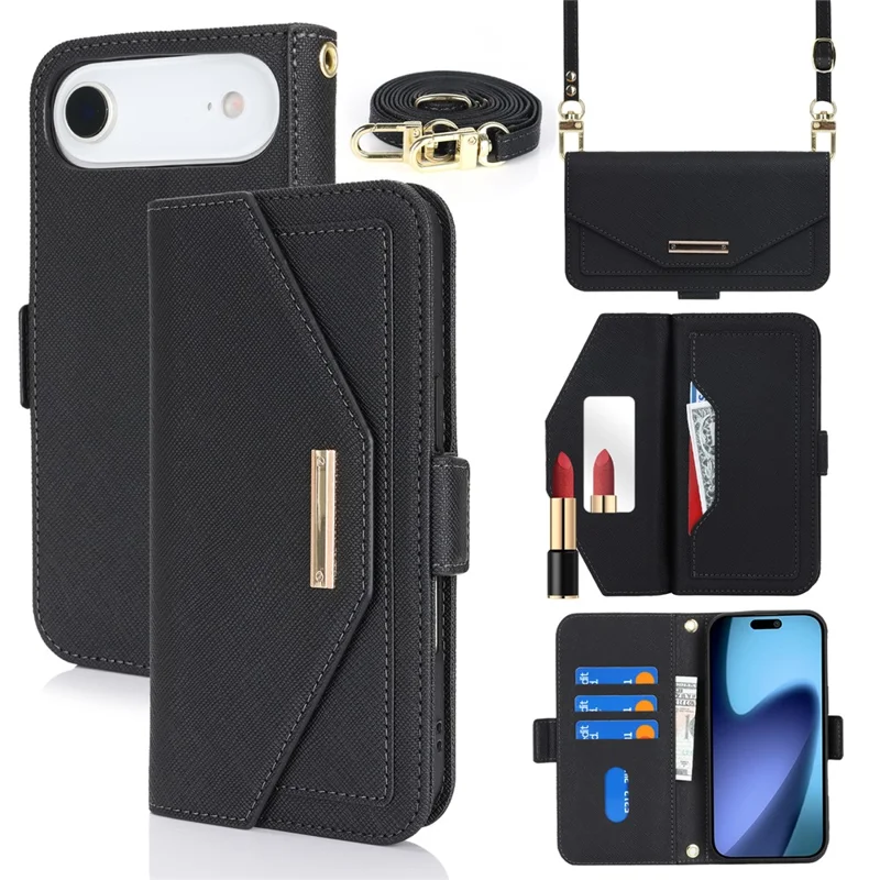 For iPhone Air Stand Case Cross Texture PU Leather Wallet Phone Cover with Shoulder Strap  /  Makeup Mirror - Black