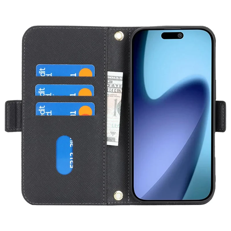 For iPhone Air Stand Case Cross Texture PU Leather Wallet Phone Cover with Shoulder Strap  /  Makeup Mirror - Black