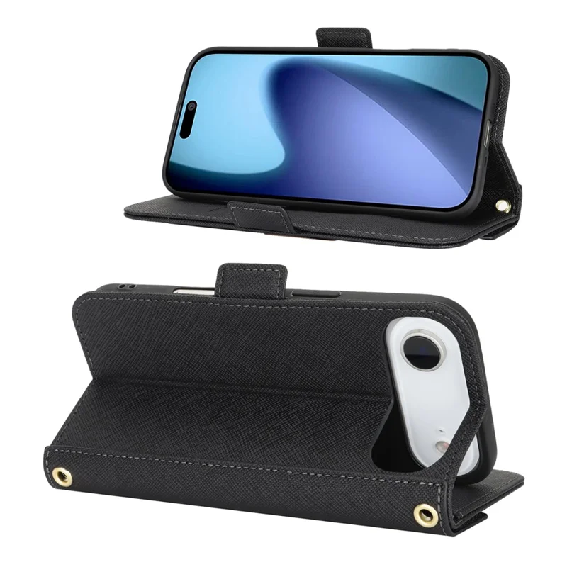 For iPhone Air Stand Case Cross Texture PU Leather Wallet Phone Cover with Shoulder Strap  /  Makeup Mirror - Black