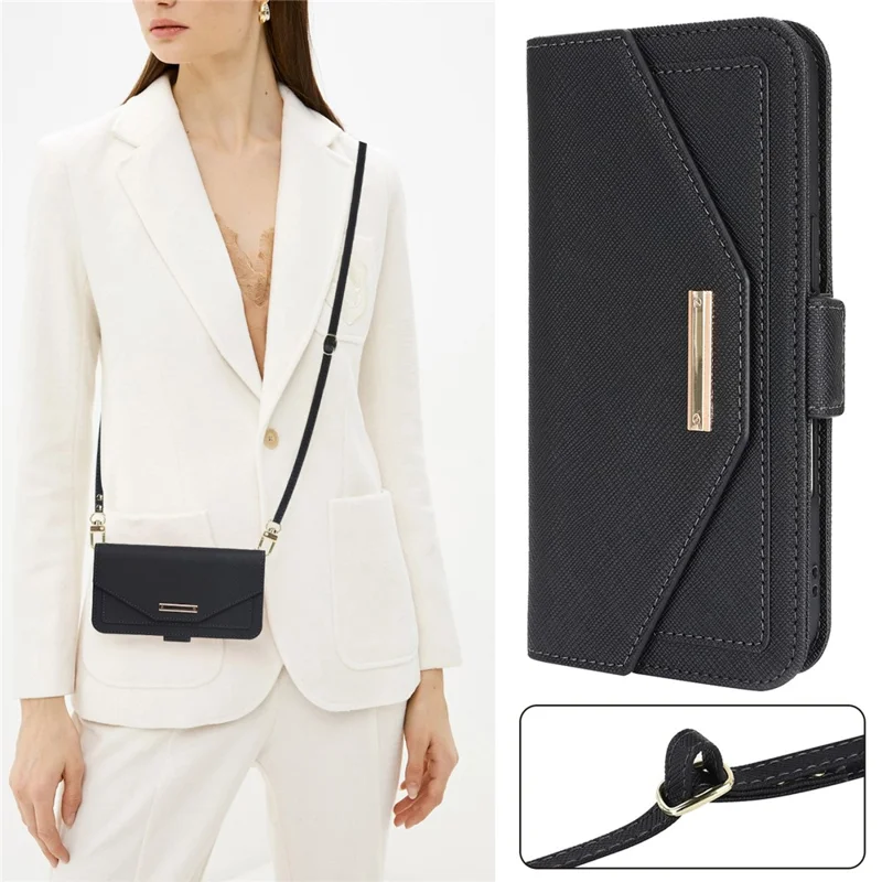 For iPhone Air Stand Case Cross Texture PU Leather Wallet Phone Cover with Shoulder Strap  /  Makeup Mirror - Black