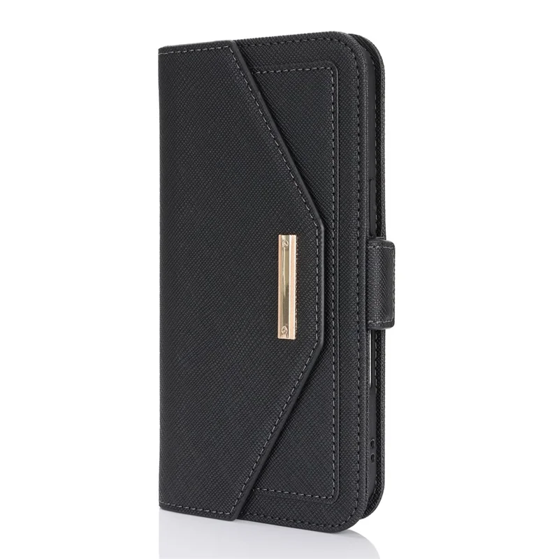 For iPhone Air Stand Case Cross Texture PU Leather Wallet Phone Cover with Shoulder Strap  /  Makeup Mirror - Black