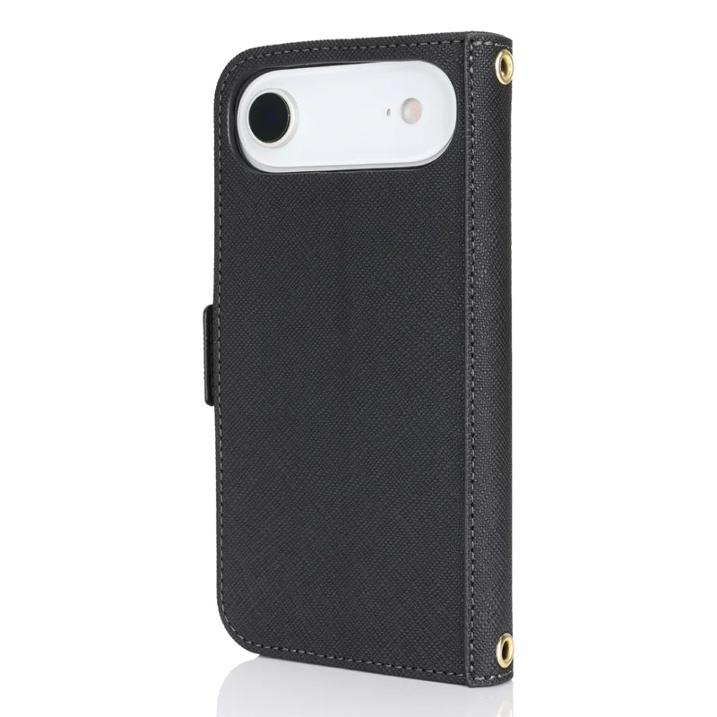 For iPhone Air Stand Case Cross Texture PU Leather Wallet Phone Cover with Shoulder Strap  /  Makeup Mirror - Black