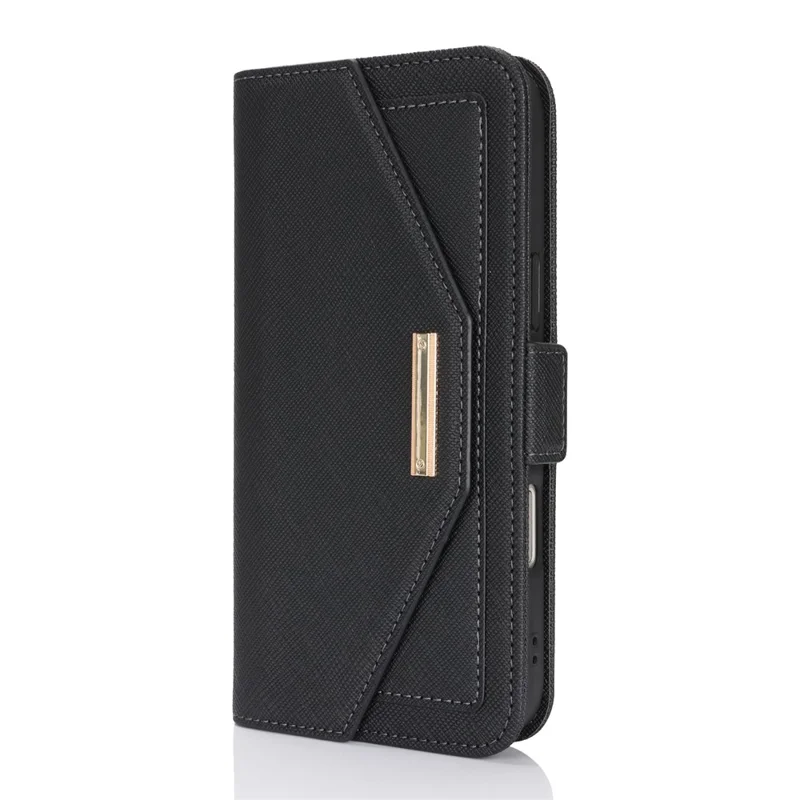 For iPhone 17 Pro Stand Case Cross Texture PU Leather Wallet Phone Cover with Shoulder Strap  /  Makeup Mirror - Black