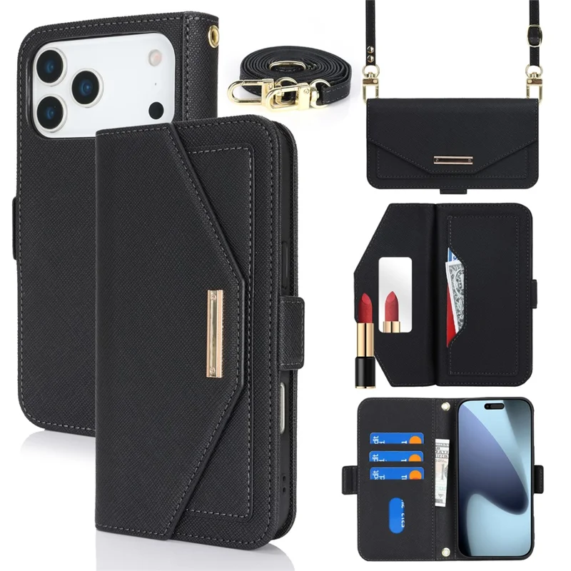 For iPhone 17 Pro Max Stand Case Cross Texture PU Leather Wallet Phone Cover with Shoulder Strap  /  Makeup Mirror - Black